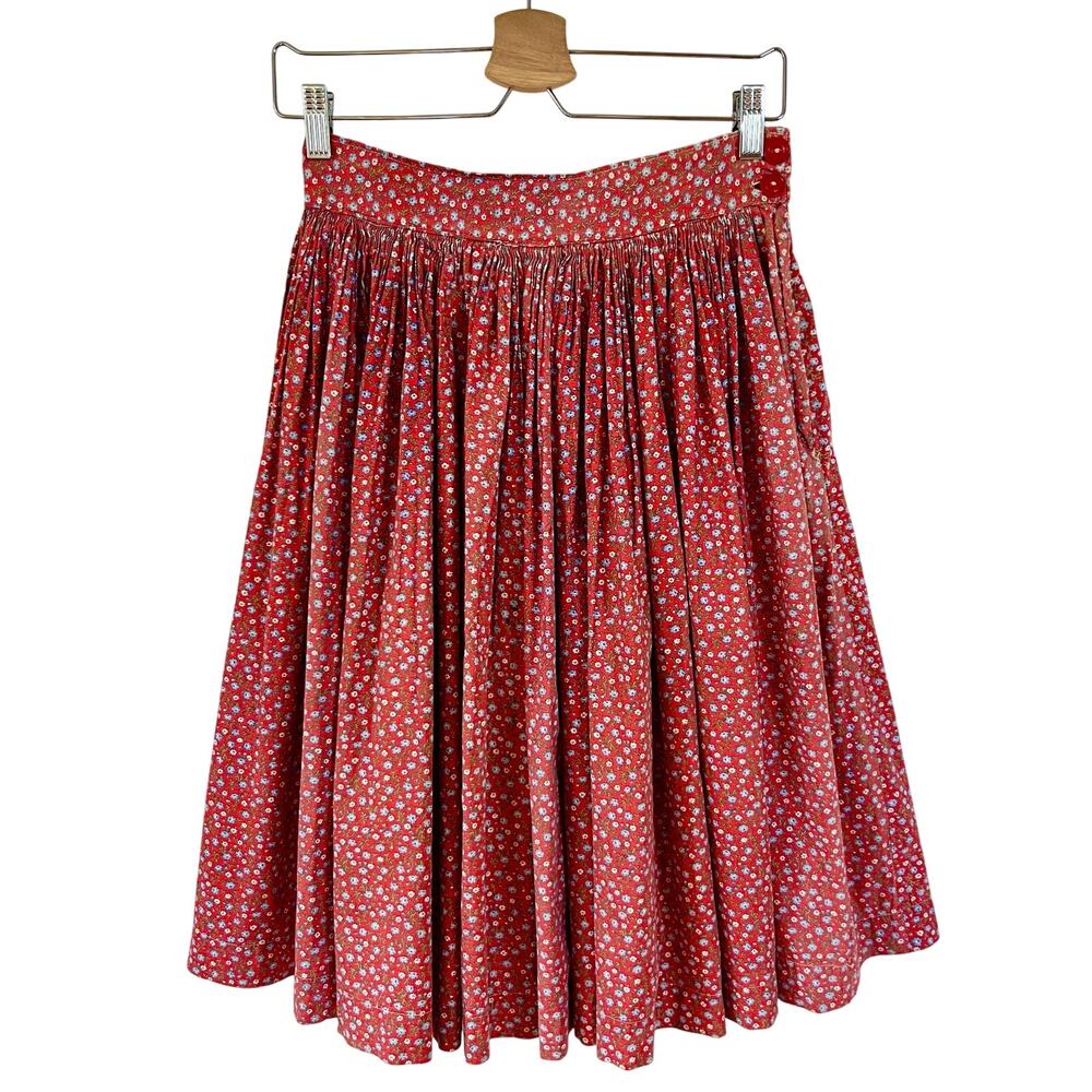 Vintage 60s / 70s Calico Skirt‎ Red Floral Homemade Cottagecore // Size Small